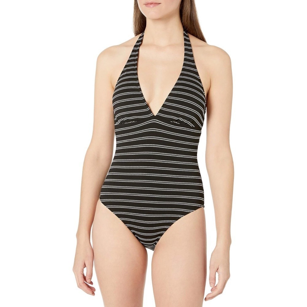Chaps Womens Black/White Striped One Piece Halter Swimsuit, Size 18